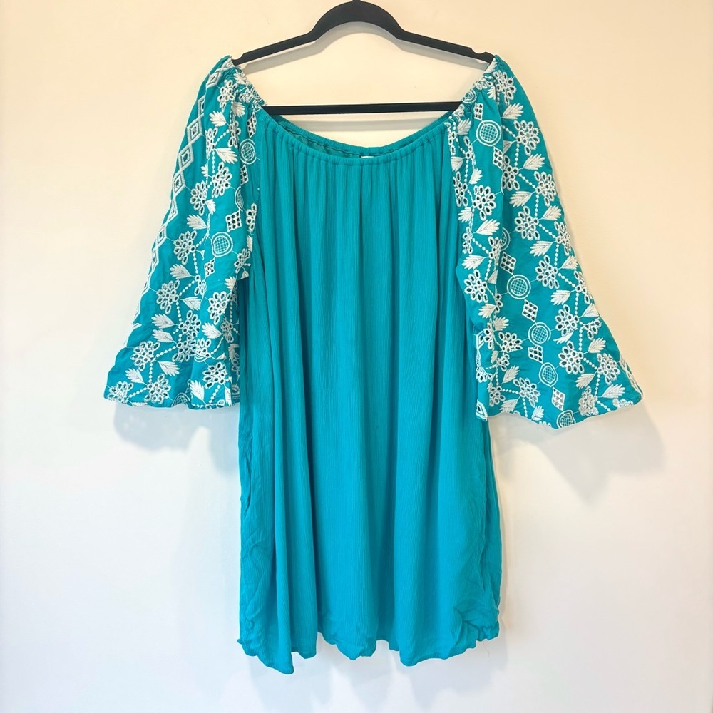 Cato Teal Off The Shoulder Mini Dress White Embroidered Eyelet Bell Sleeve Boho